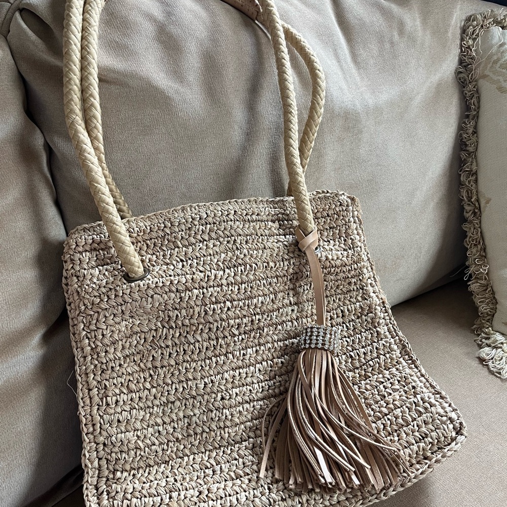 Skemo Beige Woven Shoulder Bag with Tassel